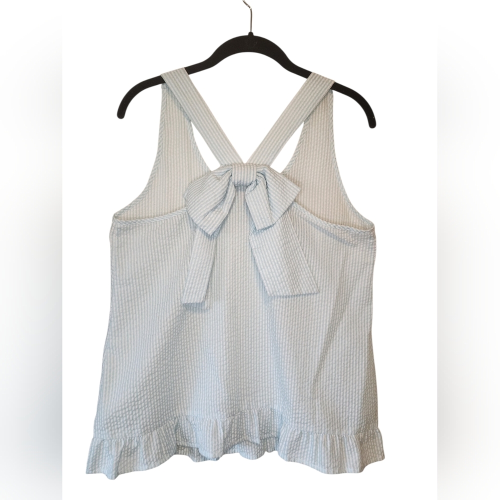 Alya Blue & White Seersucker Ruffle Hem Tank Top with Back Bow - Size M